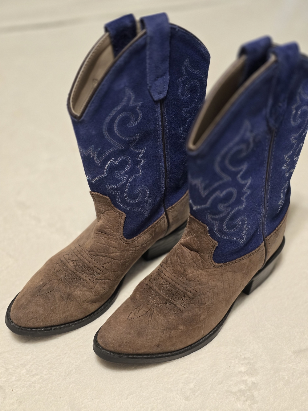 Old West Two-Tone Cowboy Boots in Brown & Blue Suede For Girls